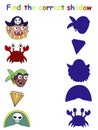 Funny educational pirate game - find the correct shadow stock vector illustration